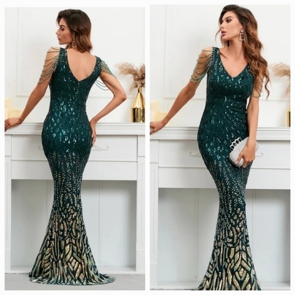 Dark Green, Rhinestone, Contrast Sequined Graphic Print Mermaid Maxi gown - Picture 2 of 16